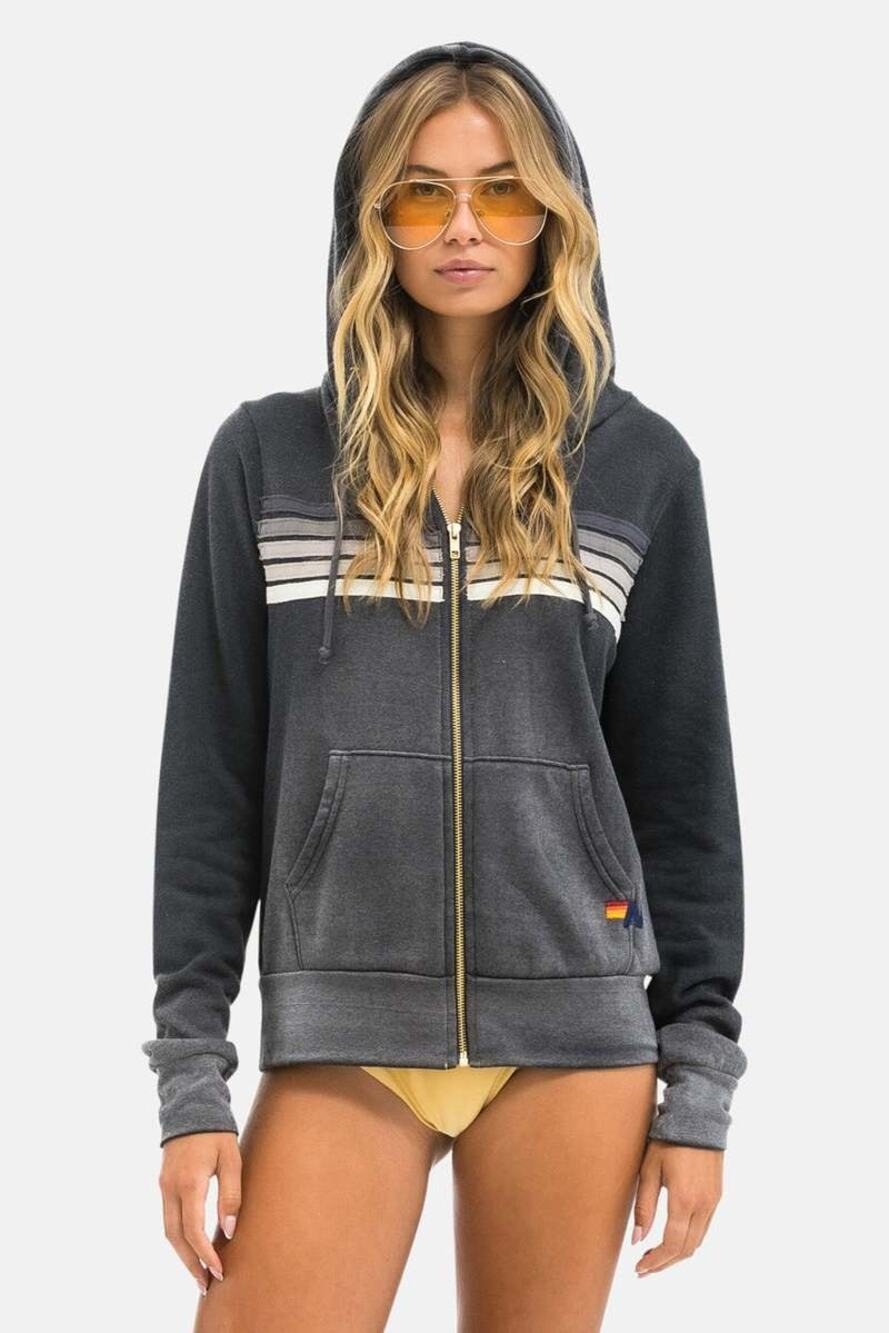 Aviator Nation 5 Stripe Long Sleeve Zip Hoodie Faded Smoke Blue Gray Small